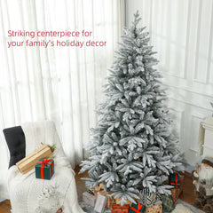HOMCOM 7ft Snow Flocked Artificial Christmas Tree With 1401 Tips, Foldable Metal Stand, Easy Assembly, Hinged Xmas Tree For Home, Office, Holiday, Green