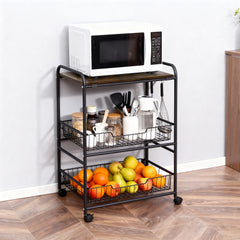 3 Tier Kitchen Cart with Storage, Rolling Kitchen Island Cart with 2 Sliding Fruit Basket and Side Hooks for Dining Room, Rustic Brown