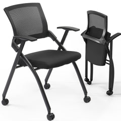 2 Pack Stackable Conference Room Chairs With Wheels, Folding Office Chair With Rebound Back, Padded Seat For Training Room, Guest, Reception, Event, Capacity 350lbs, Black
