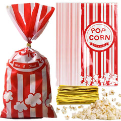 300 Pcs Plastic Popcorn Bags With Twist Ties Pop Corn Party Sleeves Snack Containers Nostalgia Gift Packs Circus Carnival Party Goodie Candy Bags Red White Stripe Popcorn Container