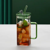 1 Pcs Green Glass Straw Cup, 6 Colors Square Glass Cup With Straw And Lid, High Borosilicate Glass Cup, Milk Cup, Juice Cup, Cold Drink Cup, Coffee Cup, Tea Cup, Office Cup, Gift Cup