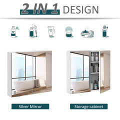 Bathroom Mirrored Cabinet, 24"x22" Steel Frame Medicine Cabinet, Wall-Mounted Storage Organizer with Double Doors, White