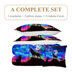 Galaxy Comforter Set Men 3D Wolf Bed Comforter Set 4 Piece Wolves Howling Bedding For Boys Retro Oil Painting Design Purple Blue And Black Bedding Set Queen King Size