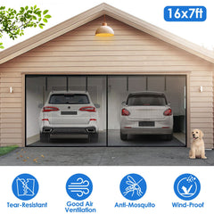 16x7FT Magnetic Garage Door Screen Two Car Garage Screen Mesh Fiberglass Garage Net With Magnetic Closure 6 Buckle Straps For Two Cars