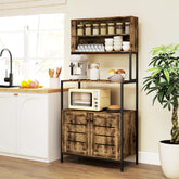 Baker's Rack with Power Outlet and Storage Shelves, Microwave Stand with Louvred Door Cabinets, Rustic Brown