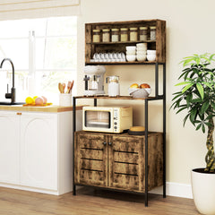 Baker's Rack with Power Outlet and Storage Shelves, Microwave Stand with Louvred Door Cabinets, Rustic Brown