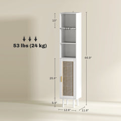 Tall Bathroom Cabinet with Rattan Doors, Freestanding Bathroom Storage Cabinet with Adjustable Shelves, White