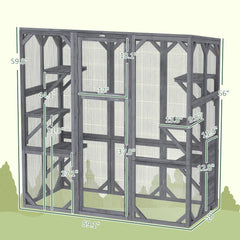 Large Wooden Catio Outdoor with 6 Jumping Platforms, Weatherproof Roof, for 1-3 Cats, 59" x 28" x 60", Gray