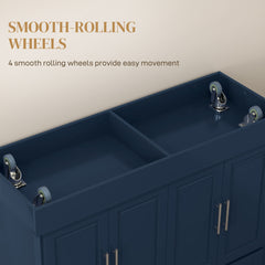 Rolling Kitchen Island with Stainless Steel Top, 2 Drawers, Spice, Knife and Towel Rack and Cabinets, Navy Blue