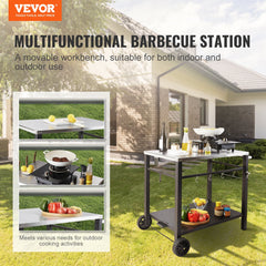 Outdoor Grill Dining Cart With Double-Shelf, BBQ Movable Food Prep Table, Multifunctional Stainless Steel Table Top, Portable Modular Carts For Pizza Oven, Worktable With 2 Wheels, Carry Handle