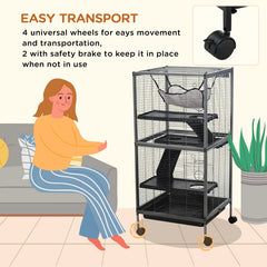 PawHut Metal Small Animal Cage Rolling Big Ferret Cage, Chinchilla Cage, Sugar Glider Cage, With Hammock & 4 Tiers, Removable Tray, Gray