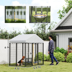 Outdoor Dog Kennel With Roof, Rotating & 4-Level Adjustable Bowls