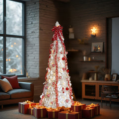 6 FT Fully Decorated Pre-lit Christmas Tree, Up Artificial Xmas Tree With 100 Warm Lights And Red Ornaments For Home Office Store Holiday Deco, White