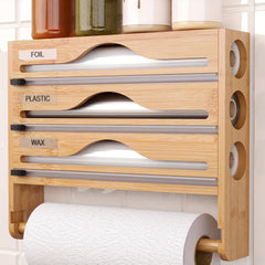 Bamboo Plastic Wrap Cutter With Paper Towel Holder Kitchen Wall-mounted Tinfoil Cutter With Three-grid Cutter And Paper Towel Storage Rack