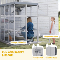 Large Outdoor Catio Cat Enclosure with Hammock, Condo, Jump Platforms, Ladders, Ramps, Tarp, for 2-4 Large Cats, Gray