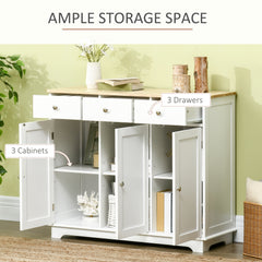 Modern Sideboard with Rubberwood Top, Buffet Cabinet with Storage Cabinets, Drawers and Adjustable Shelves, White