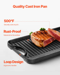 20x10in Reversible Grill Griddle Pre-Seasoned Rectangular BBQ Pan Cast Iron