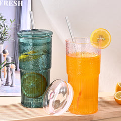 20 Oz 2-pack Pink Glass Straw Cup With Vertical Pattern Cup And Lid, High Borosilicate Heat-resistant Glass Cup For Juice, Milk And Cold Drinks