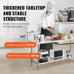 Stainless Steel Prep Table, 24 X 72 X 34 Inch, Heavy Duty Metal Worktable With 3 Adjustable Height Levels, Commercial Workstation For Kitchen Garage Restaurant Backyard