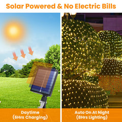 9.84x6.56FT 192LED Solar Christmas Net Lights Outdoor Bush Lights Dimmable IP44 Waterproof With 8 Modes Remote Timer Memory Function For Holiday Party Wedding Patio Garden