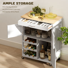Rolling Kitchen Cart, Kitchen Island with Storage Drawer, 9-bottle Wine Rack, Door Cabinets, Wooden Countertop, White