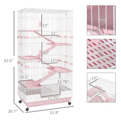 32"L 6-Level Small Animal Cage Rabbit Hutch with Universal Lockable Wheels, Slide-out Tray for Bunny, Chinchillas, Ferret, Pink
