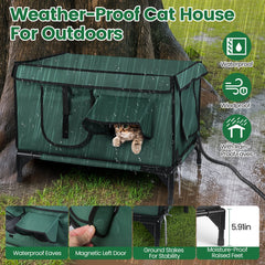 1Pc Waterproof Heated Cat House Outdoor Weatherproof Insulated Kitty Shelter Feral Cat Heating Bed With Heating Pad Anti-Chew Cord 2 Doors 3 Windows For Indoors Outdoors Winter Summer
