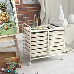 12-Drawer Rolling Storage Cart - 2-Row 10-Storey, Multicolor Drawers, 4 Wheels (2 Brake), White Frame-White