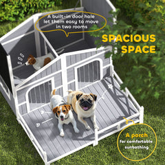Dog House Outdoor, Wooden Dog Kennel Weatherproof with Porch, Openable Roof, Removable Bottom, Elevated Floor, Double Room for 2 Small to Medium Breeds, Gray