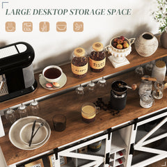 55" Coffee Bar Cabinet with Lights, Farmhouse Wine Cabinet with Wine and Glass Racks for Kitchen, Dining Room, White