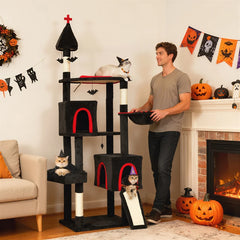 Gothic Cat Tree, Cat Tower With Coffin Bed, 2 Spacious Condos, Sisal Scratching Posts, Bat Hanging Balls, Halloween