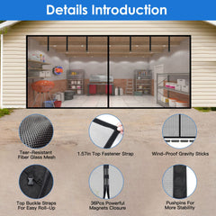 16x7FT Magnetic Garage Door Screen Two Car Garage Screen Mesh Fiberglass Garage Net With Magnetic Closure 6 Buckle Straps For Two Cars