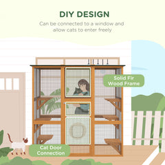 Outdoor Cat House Big Catio Wooden Feral Cat Shelter Enclosure with Large Spacious Interior, 6 High Ledges, Weather Protection Asphalt Roof, 71" L, Orange