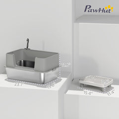 Stainless Steel Litter Box with High Sides, Metal Cat Litter Box with Scoop, Pedal, Anti-Urine Leakage, Non-Sticky