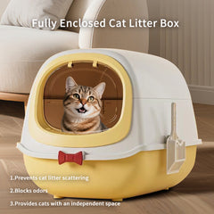 52cm Large Fully Enclosed Flip Cover Cat Litter Box, Anti-Splashing Anti-Tracking Odor Locking Cat Toilet With Free Scoop, Deodorant Pack & Bowtie