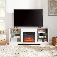 TV Stand Electric Fireplace Glass Shelves, 3D Fireplace TV Stand With LED Lights Wood With USB Charging Outlet Modern Television Table Center For TV Up To 62 White, 58Wx15.5Dx24.4
