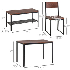 Industrial 4 Piece Dining Room Table Set with Bench Wooden Kitchen Table and Chairs w/ Storage Rack for Kitchen, Dinette, Rustic Brown/Black