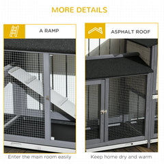 90.5" Wooden Rabbit Hutch Bunny Cage Pet Playpen House Enclosure with Double Side Run Boxes, No Leak Tray, Ramp, for Rabbits, Chickens, Ducks, Guinea Pig and Small Animals, Light Gray