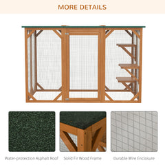 Outdoor Cat House, Catio Wooden Feral Cat Shelter, Cat Cage with Platforms, Large Enter Door, Weather Protection Asphalt Roof, 71" L, Orange