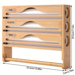 Bamboo Plastic Wrap Cutter With Paper Towel Holder Kitchen Wall-mounted Tinfoil Cutter With Three-grid Cutter And Paper Towel Storage Rack