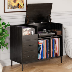 Record Player Stand With Power Outlet Flip-Down Lid, Turntable Table With Storage For 300 Vinyls, Black Wood Grain Media Console With 2 Drawers, 27.6 With Dust Protection, Some Assembly Required,