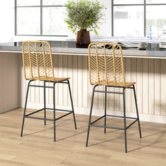 Set of 2 Rattan Barstools Wicker Counter Stools with Steel Legs and Footrest for Dining Room Kitchen Pub Yellow