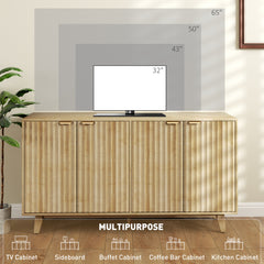 Fluted Sideboard Buffet Cabinet, 55" Coffee Bar Cabinet with 4 Doors, 2 Adjustable Shelves, 5 Wood Legs, Oak