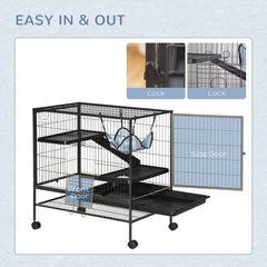 Small Animal Cage With Wheels, Pet Playpen For Rat, Syrian Hamster, Kitten, Ferrets, Chinchillas With Bottom Storage Shelf, Removable Tray, Ramp