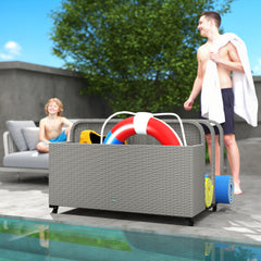 Rattan Pool Float Storage Organizer With Wheels, Mixed Gray