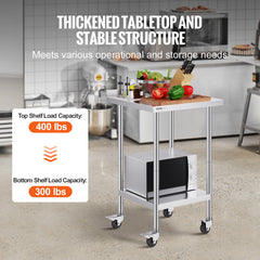 24 X 24 X 40 Inch Stainless Steel Work Table, Commercial Food Prep Worktable With Casters, Heavy Duty Prep Worktable, Metal Work Table With Adjustable Height For Restaurant, Home And Hotel