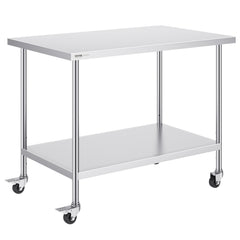Stainless Steel Work Table 30 X 48 X 38 Inch, With 4 Wheels, 3 Adjustable Height Levels, Heavy Duty Food Prep Worktable For Commercial Kitchen Restaurant, Silver