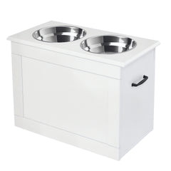 Raised Pet Feeding Storage Station with 2 Stainless Steel Bowls Base for Large Dogs and Other Large Pets, White