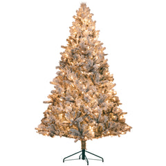HOMCOM 7.5 Ft Pre-Lit Artificial Christmas Tree With 500 Clear Lights And 1530 Tips, Snow Flocked Christmas Tree With Metal Stand, Hinged Xmas Tree For Home Office Holiday, Green