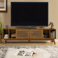 67.9 Inch Mid Century Modern Rattan TV Stand For TVs Up To 75, Entertainment Cabinet, Media Console For Living Room Media Room, Solid Wood Feet & Rattan Cabinet Doors - Light Walnut